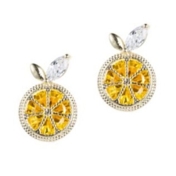 Eye Candy LA Luxe Earrings Crystal LEMON ZEST Fruit 18k Gold Plate CZ Stone Stud - Picture 1 of 7
